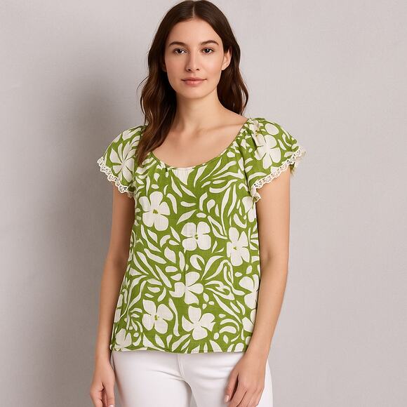 Rachel Zoe Green & White Floral Rayon Top • Flutter Sleeves • Size M - Boho Chic - Picture 3 of 6